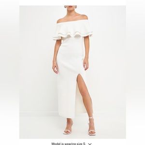 Express White off the shoulder ruffle maxi dress with split